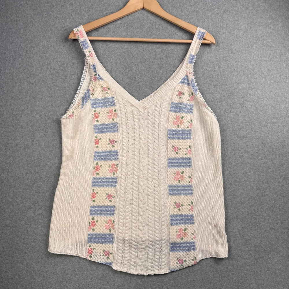 POL Sweater Tank Top Womens Large Cream Floral Cable Knit Lace Trim Cottagecore - Picture 1 of 8